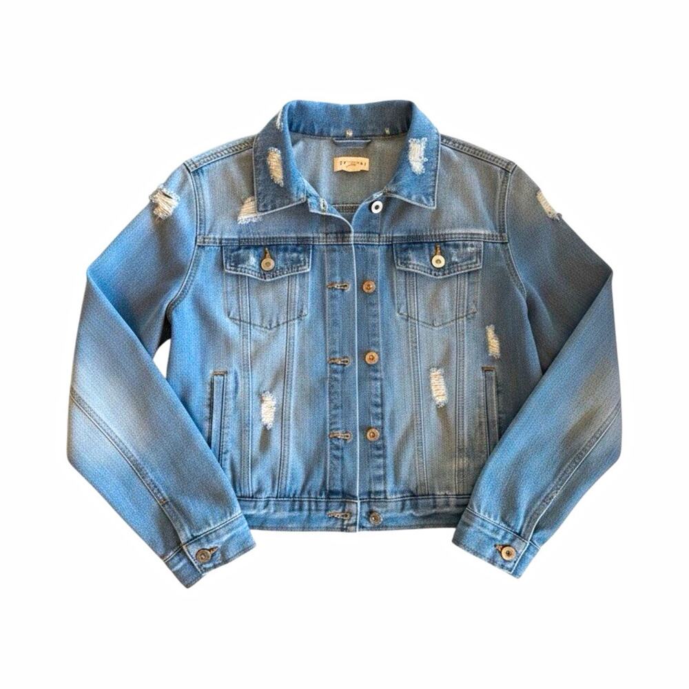 Cavalini Women’s Blue Distressed Button Collared Chest Pocket Short Jacket L
